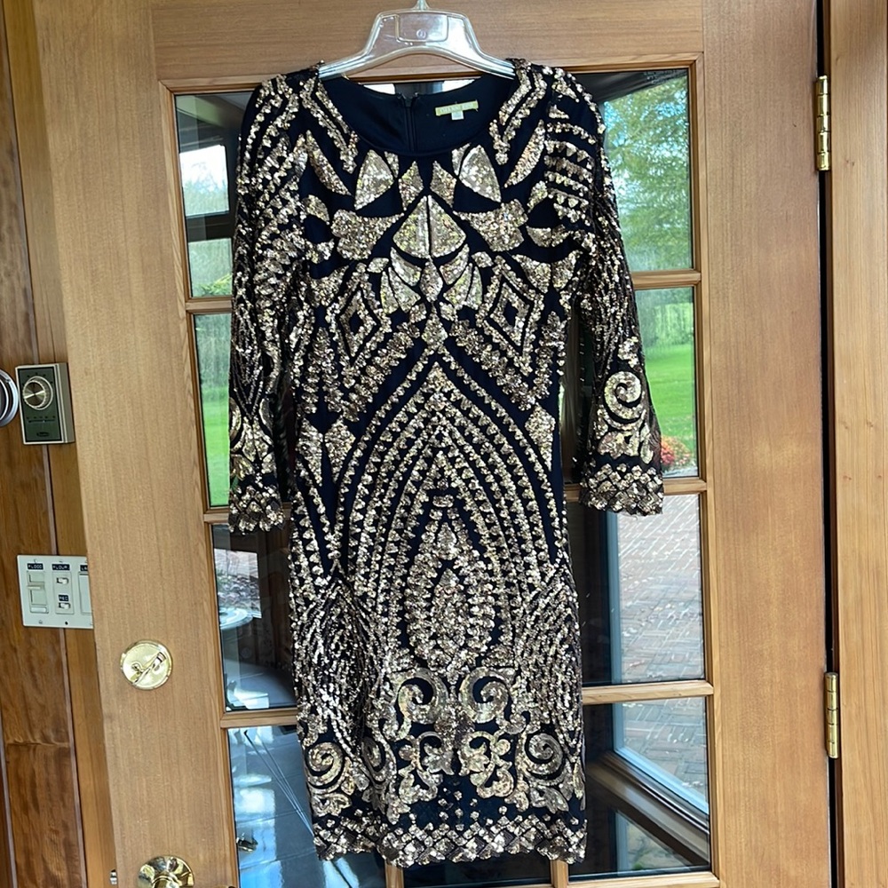 Gorgeous Gold Sequin and Black long sleeve cocktail dress Size S